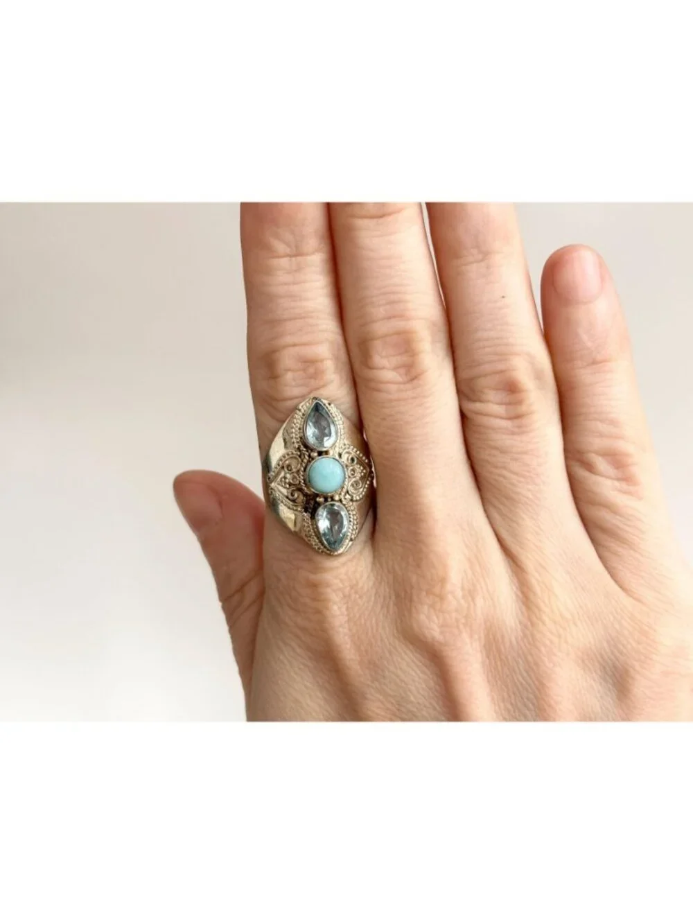 Larimar & Blue Topaz Gemstone Indian Sterling Silver 925 Vintage Ring - sz 9